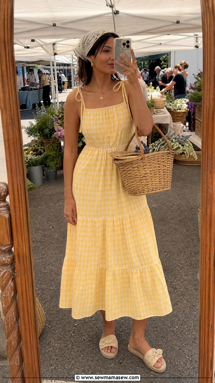 Gingham Midi Dress With Basket Bag - 30 Cottagecore summer outfits