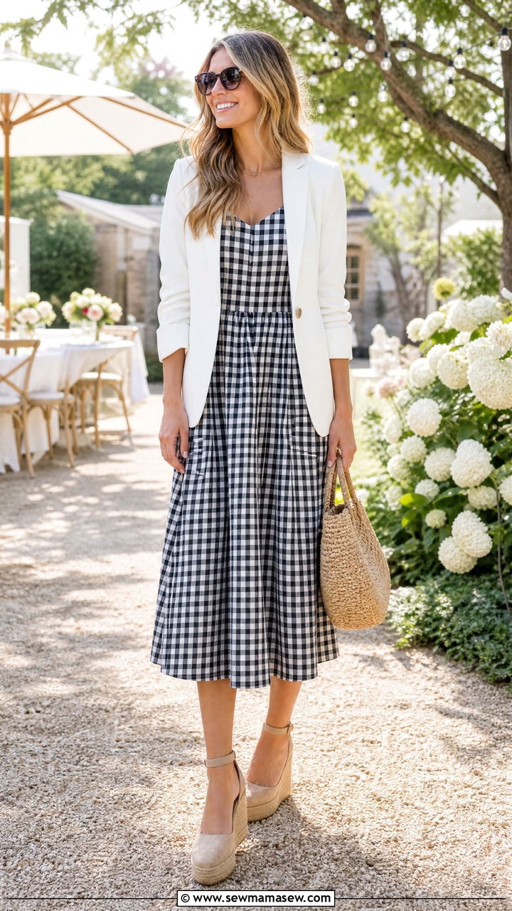 Gingham Midi Dress With Blazer - 30 Midi dress with blazer outfit ideas