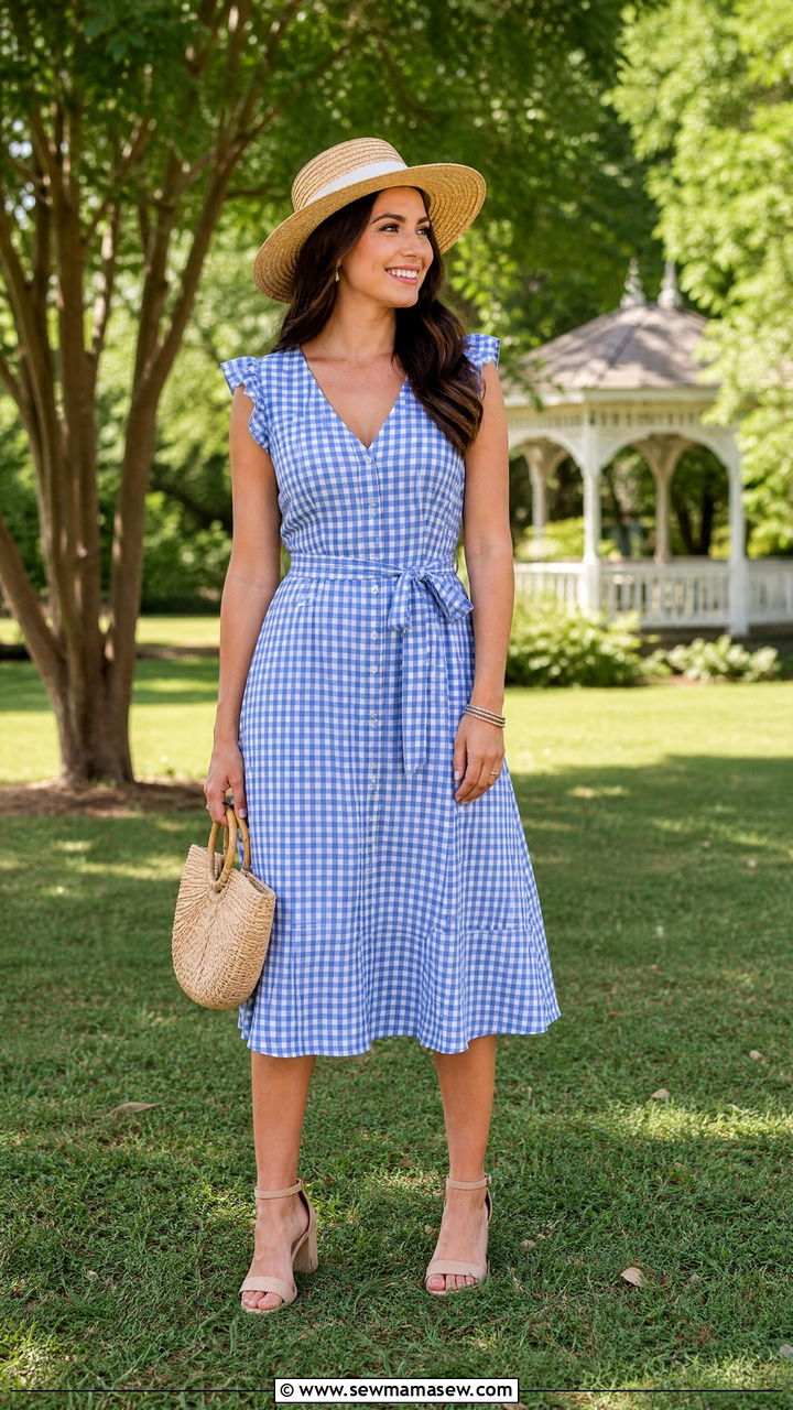 Gingham Midi Dress With Block Heels - 30 Summer outfits for family reunion