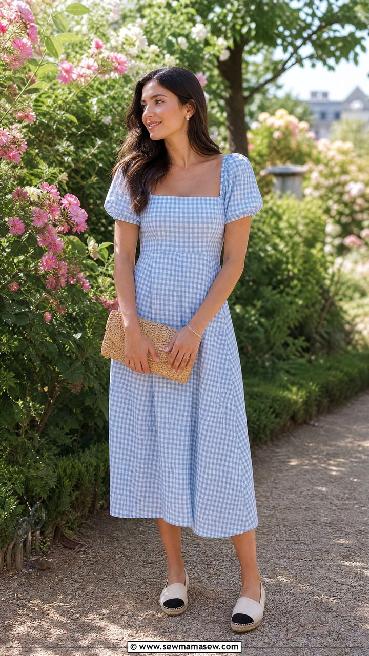 Gingham Midi Dress With Canvas Espadrilles - 30 summer paris trip outfit ideas