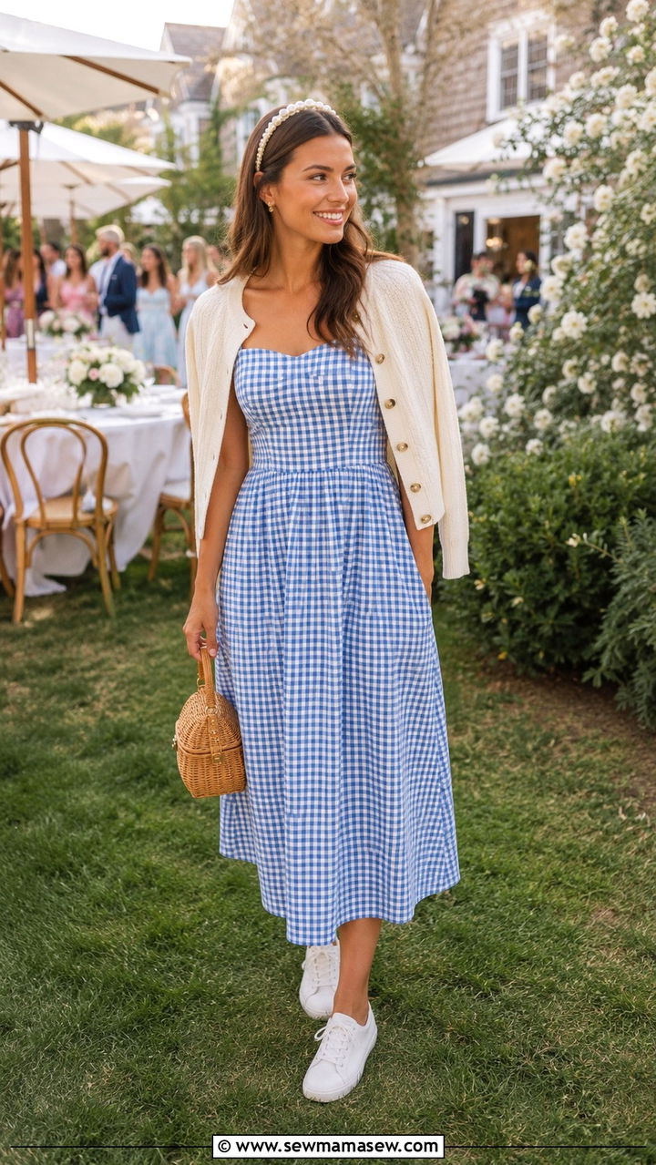 Gingham Midi Dress With Cardigan Over Shoulders - 30 Nantucket outfit ideas 2026