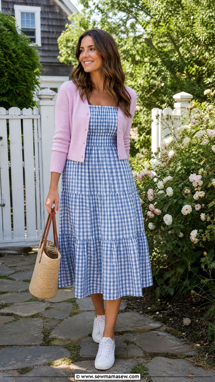 Gingham Midi Dress With Cropped Cardigan Outfit - 25 March outfit ideas