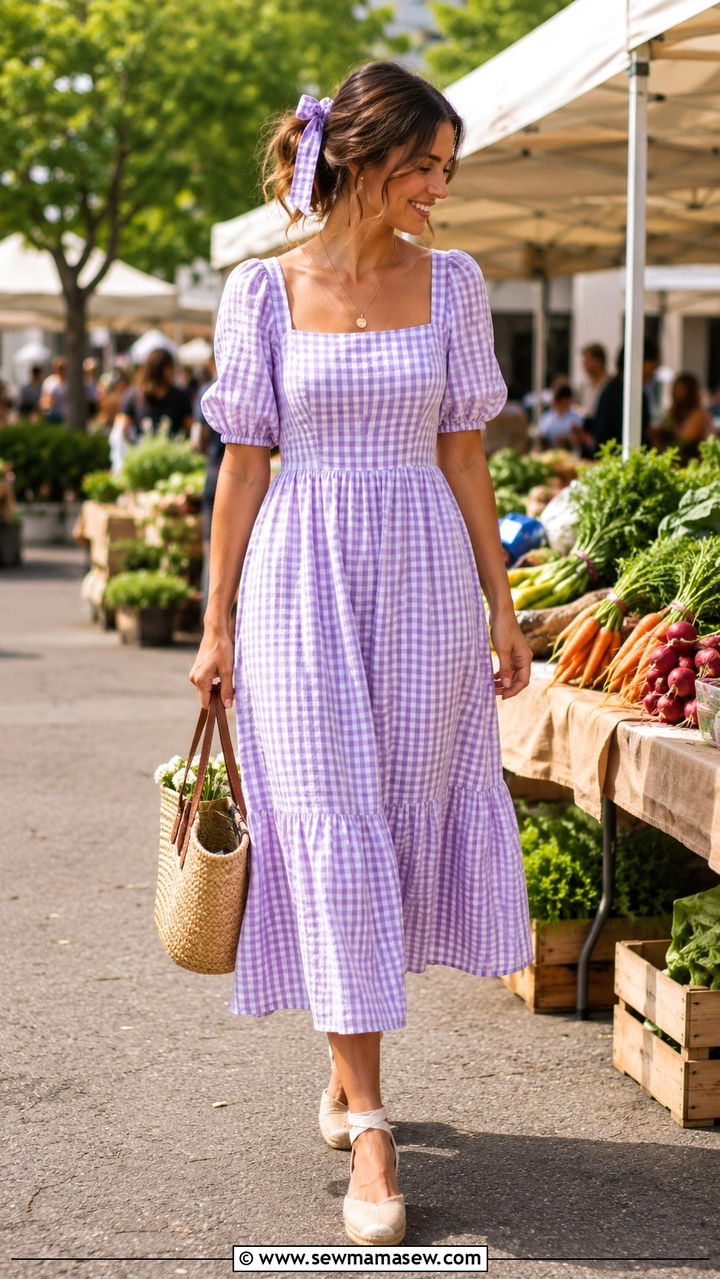 Gingham Midi Dress With Espadrilles And Woven Bag - 30 spring vintage outfit ideas