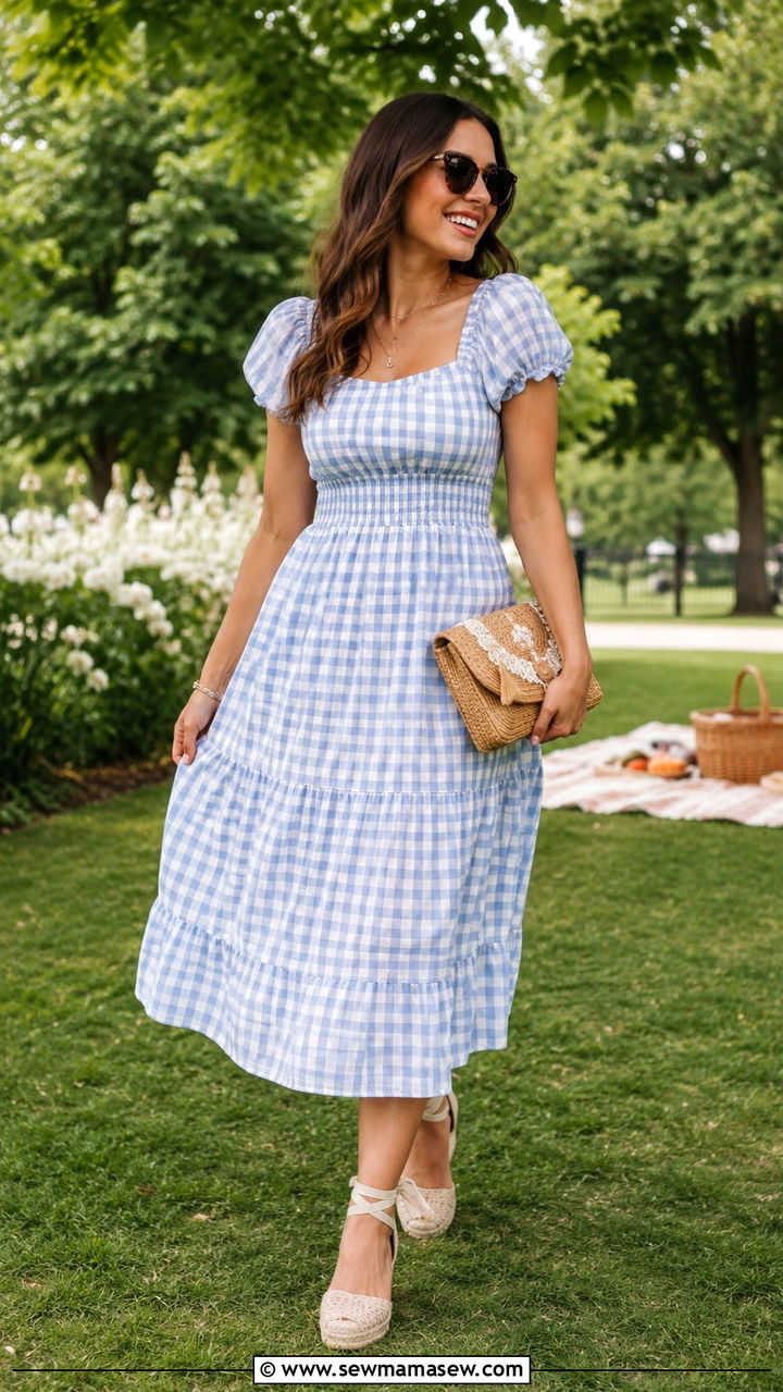 Gingham Midi Dress With Espadrilles - 30 picnic outfit ideas for women
