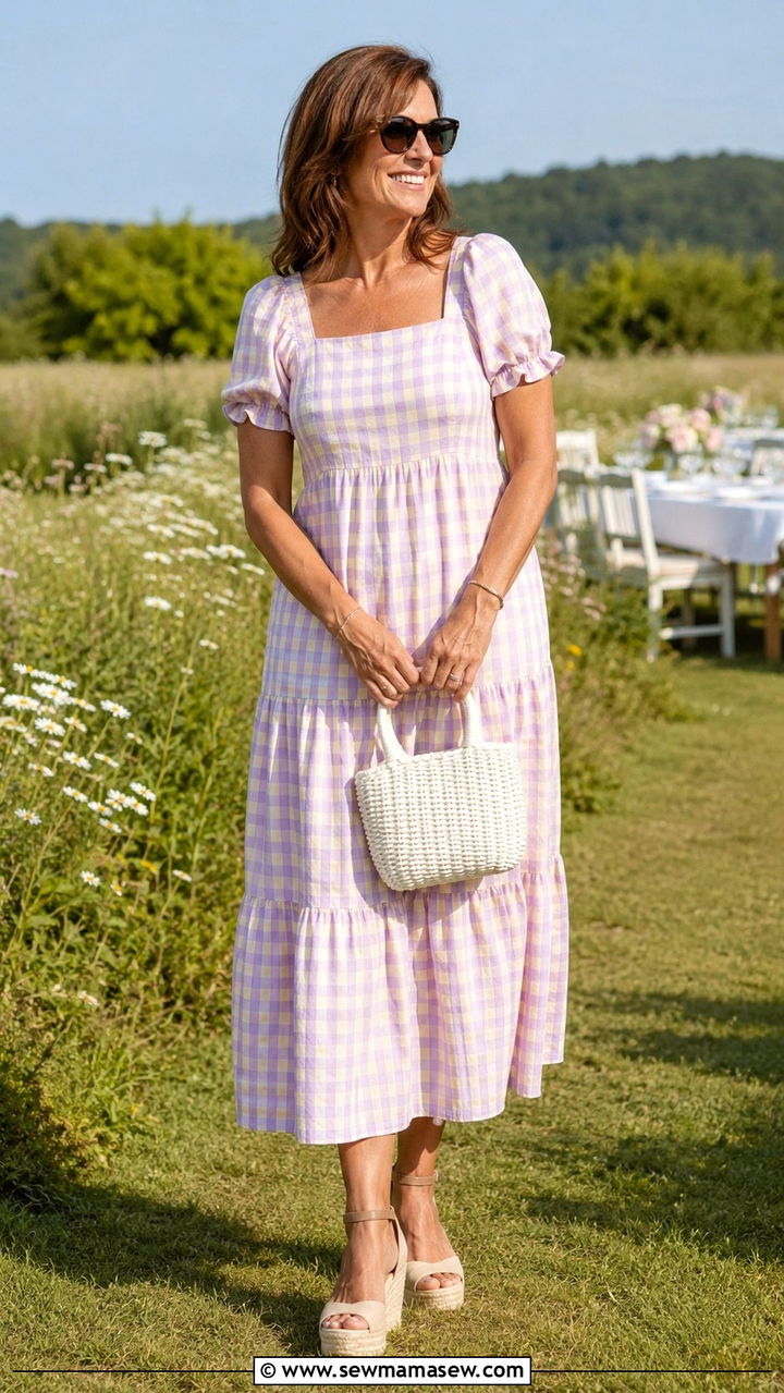 Gingham Midi Dress With Platform Espadrilles - 25 baby shower outfits for women over 40