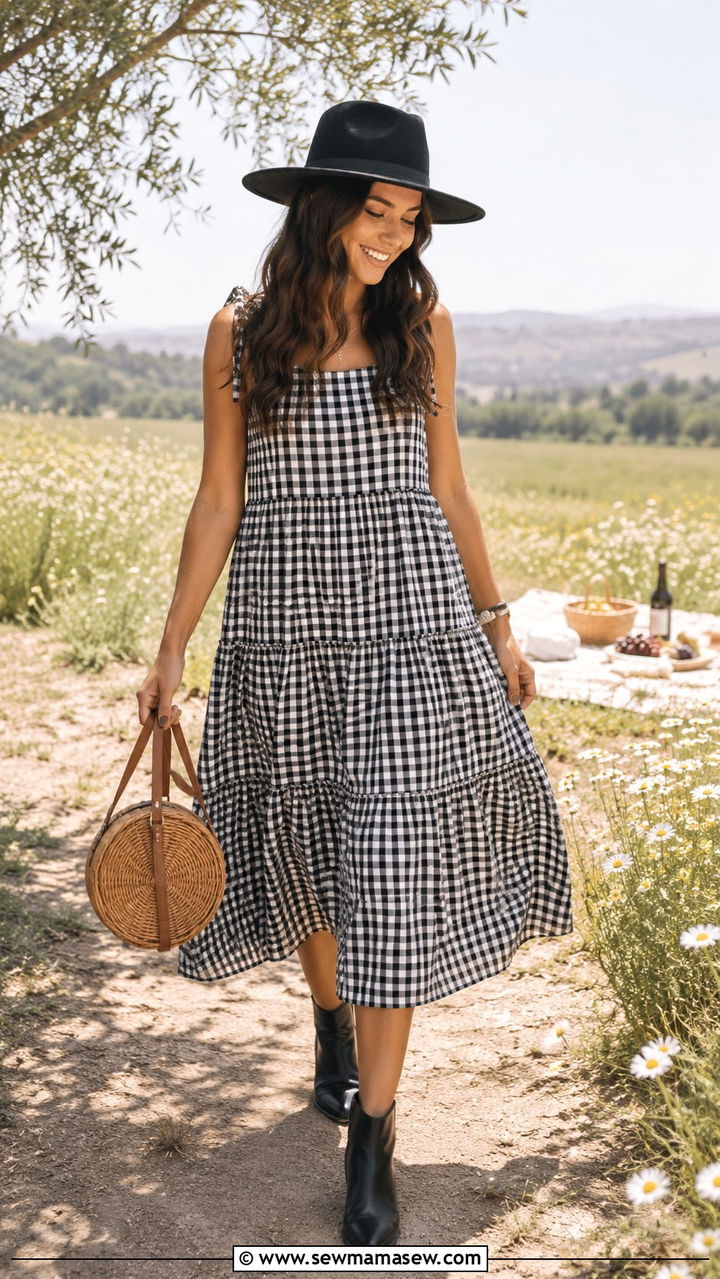 Gingham Midi Dress With Rancher Hat And Ankle Boots - 30 spring western outfit ideas