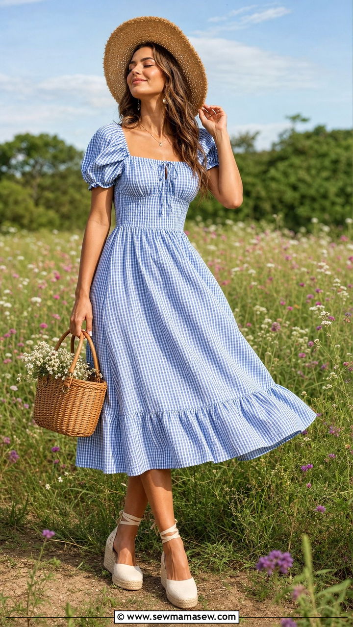 Gingham Midi Dress With Straw Hat - 25 Cottagecore outfits 2026