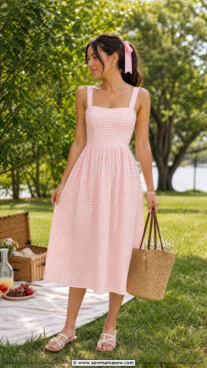 Gingham Midi Dress With Straw Tote Bag - 30 summer vintage outfit ideas
