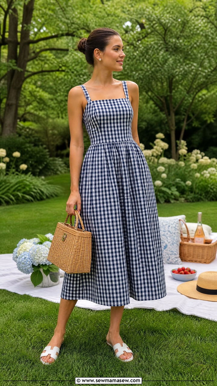 Gingham Midi Dress With Structured Basket Bag - 25 Hamptons outfit ideas 2026