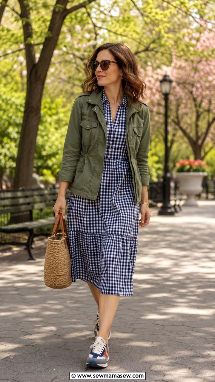 Gingham Midi Dress With Utility Jacket and Retro Running Sneakers - 30 casual preppy outfits