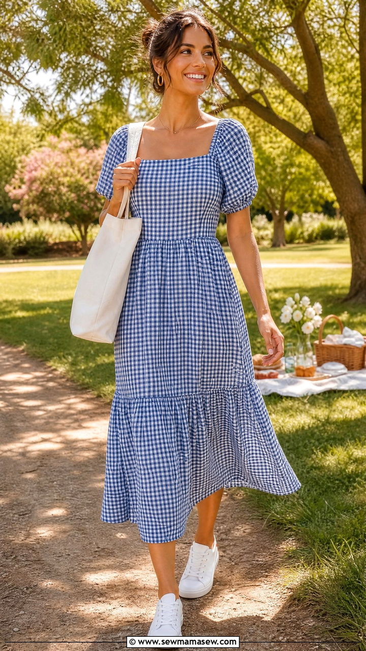 Gingham Midi Dress With White Accessories - 30 Midi dress for brunch outfit ideas