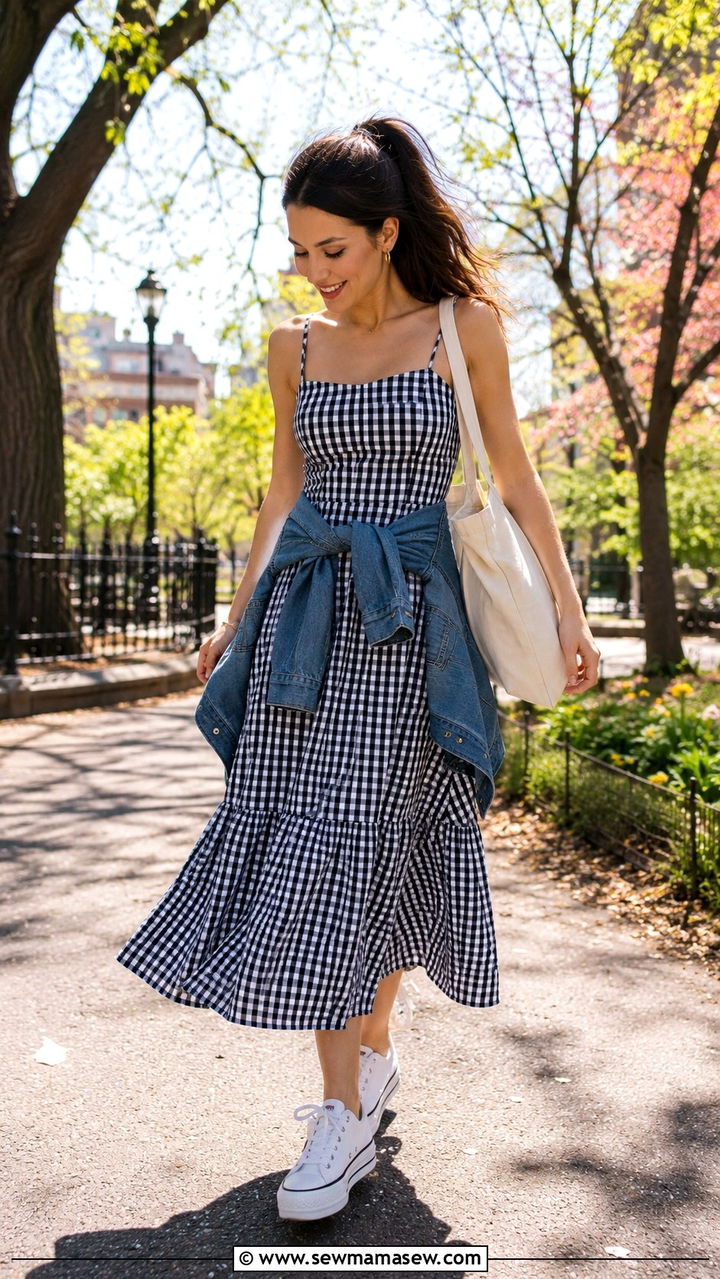 Gingham Midi Dress With White Platform Sneakers - 30 Petite summer dresses outfit ideas