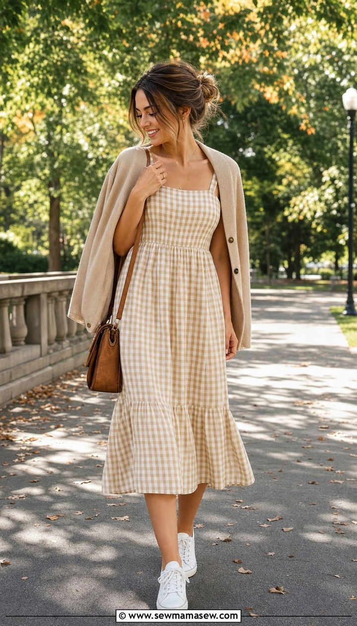 Gingham Midi Dress With White Sneakers - 25 Clean girl outfit ideas for school