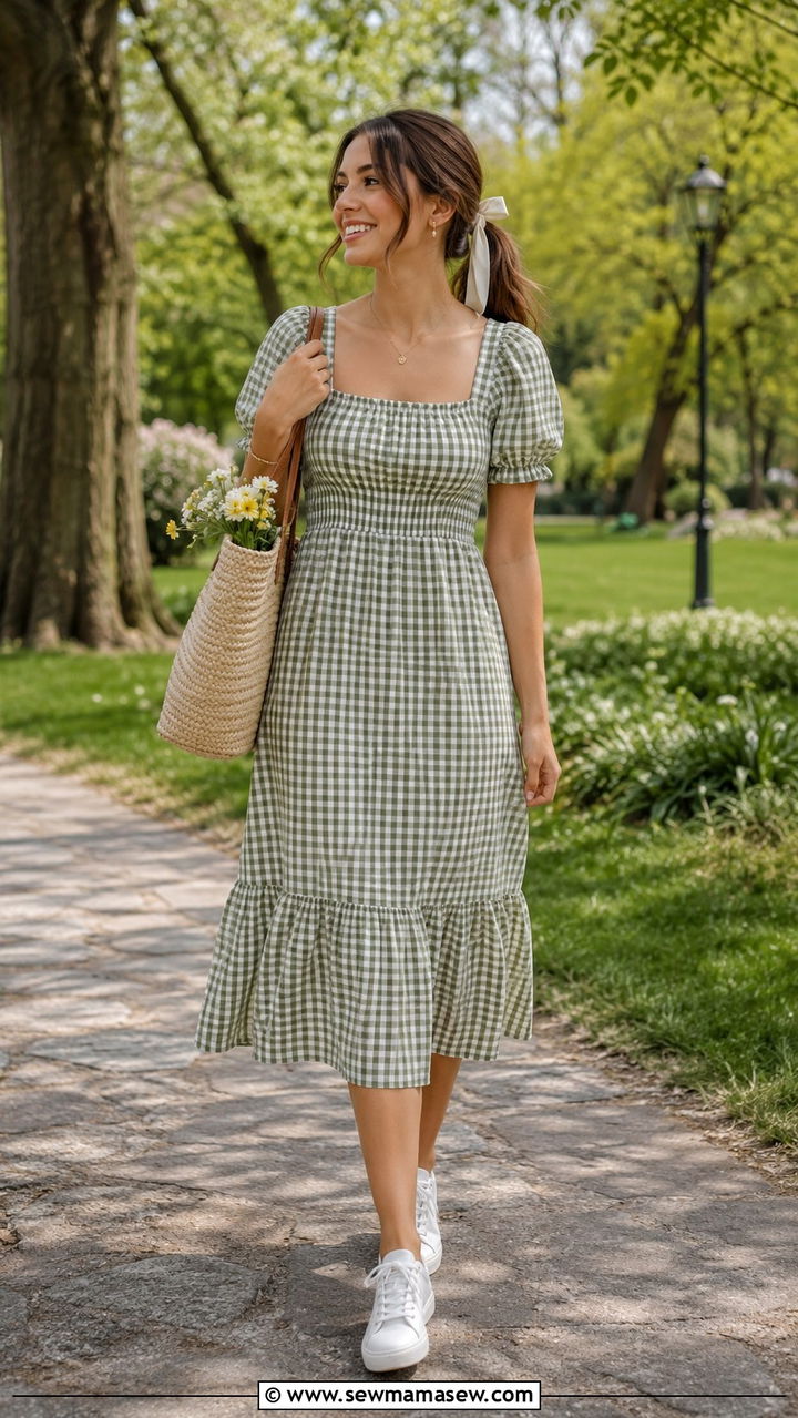 Gingham Midi Dress With White Sneakers - 25 Vintage outfit ideas 2026