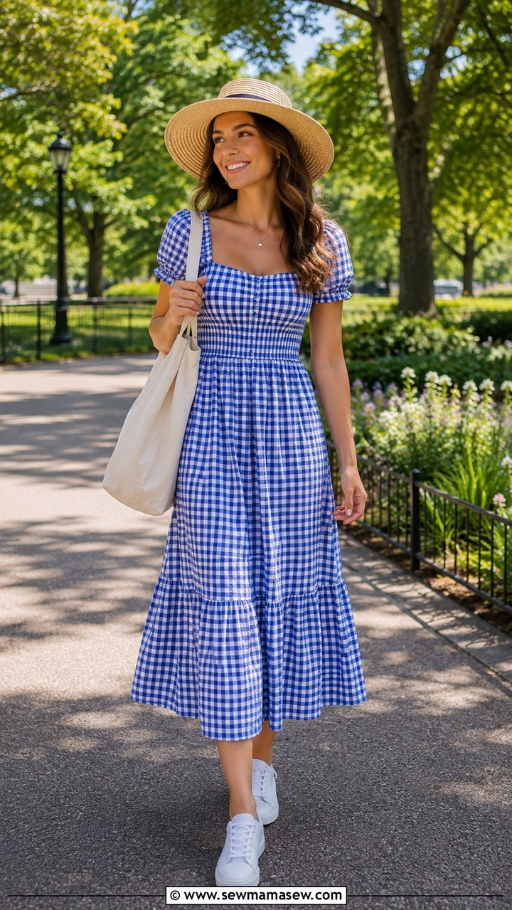 Gingham Midi Dress With White Sneakers - 30 Midi dress outfit ideas for summer