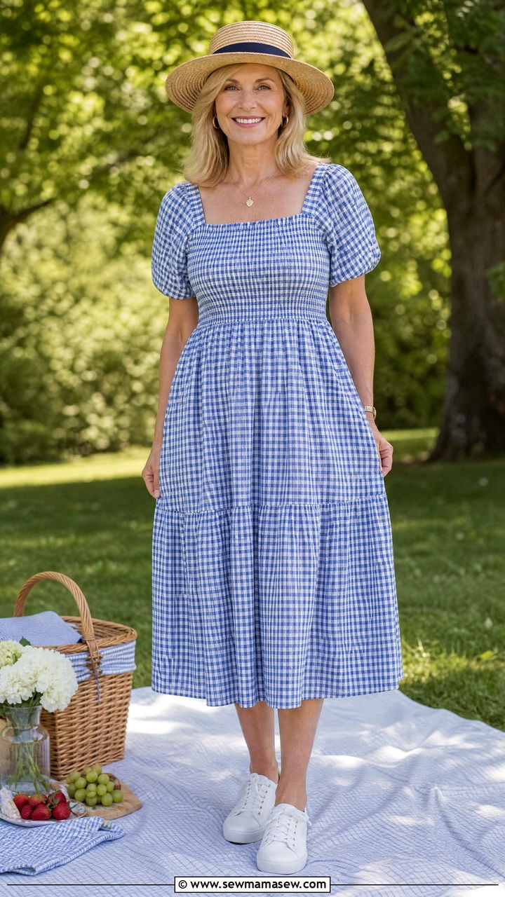 Gingham Midi Dress With White Sneakers - 30 Picnic outfits for women over 50