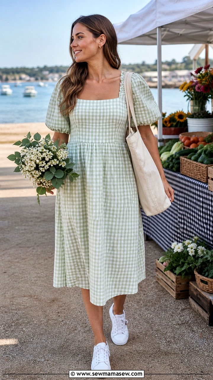 Gingham Midi Dress With White Sneakers - 40 Coastal summer outfits