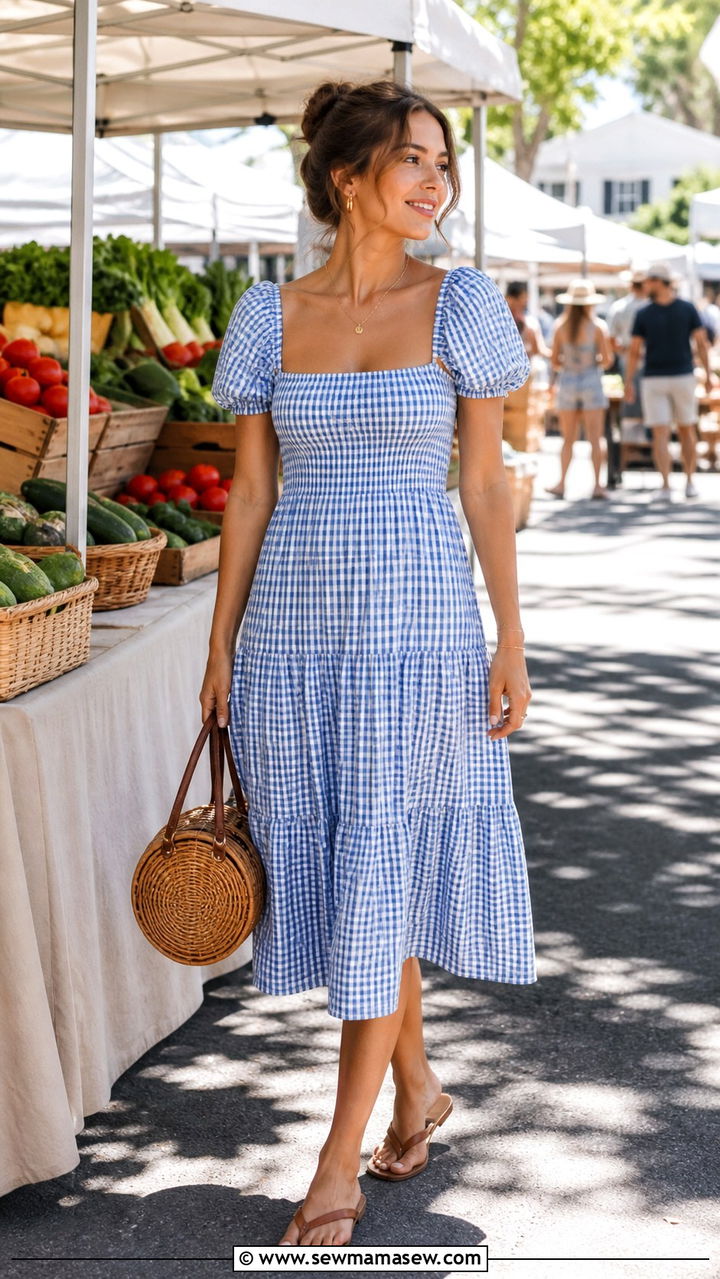 Gingham Midi Dress With Woven Basket Bag - 40 summer dress outfit ideas