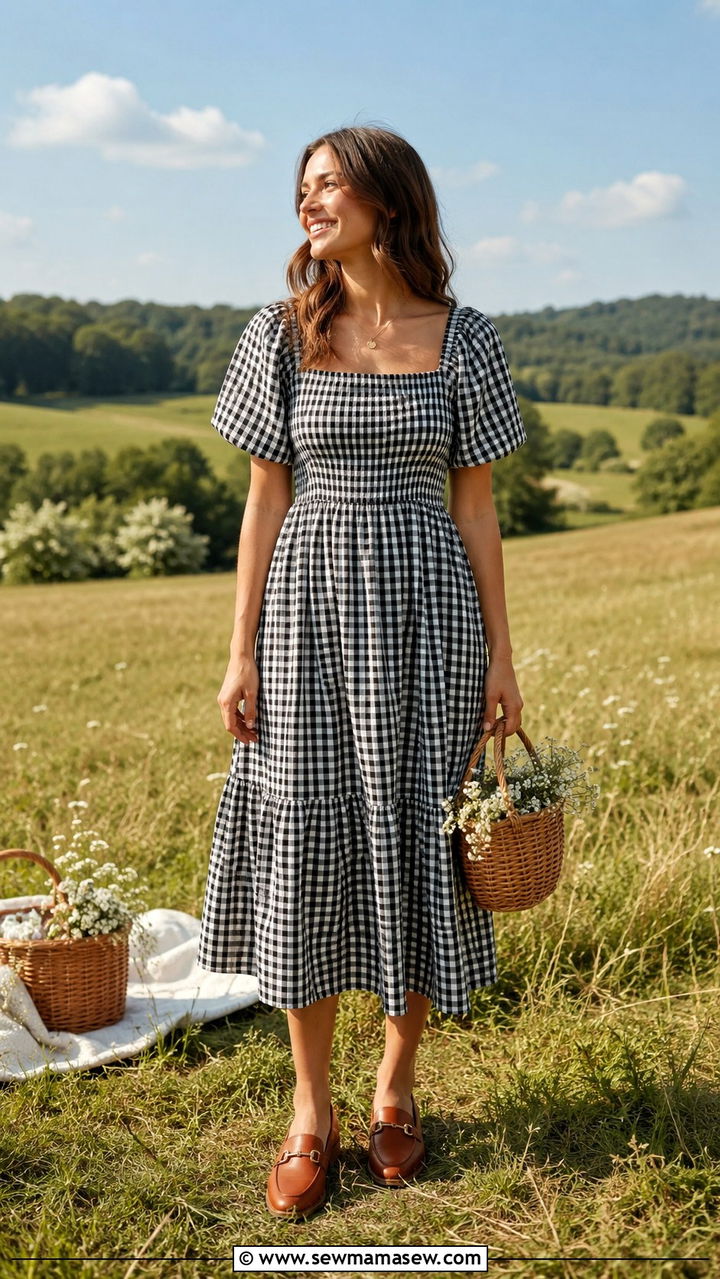Gingham Midi Dress and Cognac Loafers - 25 Midi dress with loafers outfit ideas