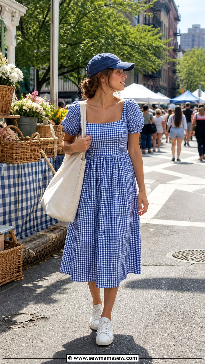Gingham Midi Dress and White Sneakers - 40 summer cottagecore outfits