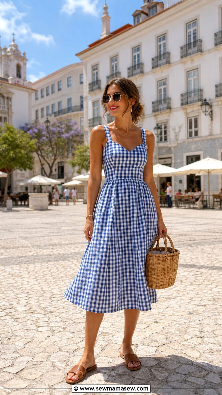 Gingham Midi Dress with Basket Bag - 40 What to wear in Lisbon
