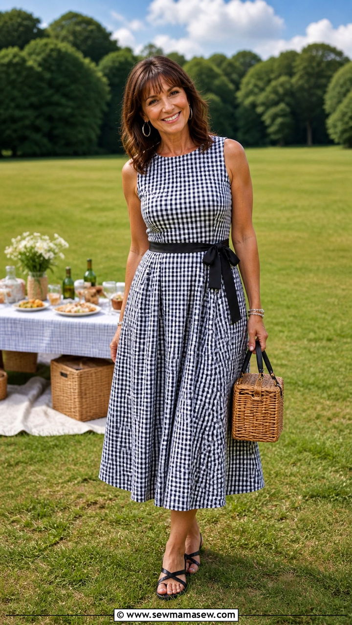 Gingham Midi Dress with Basket Bag Summer Outfit - 40 Summer outfit ideas for women over 60 2026