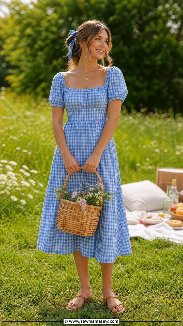 Gingham Midi Dress with Basket Bag - 35 Garden party outfit ideas