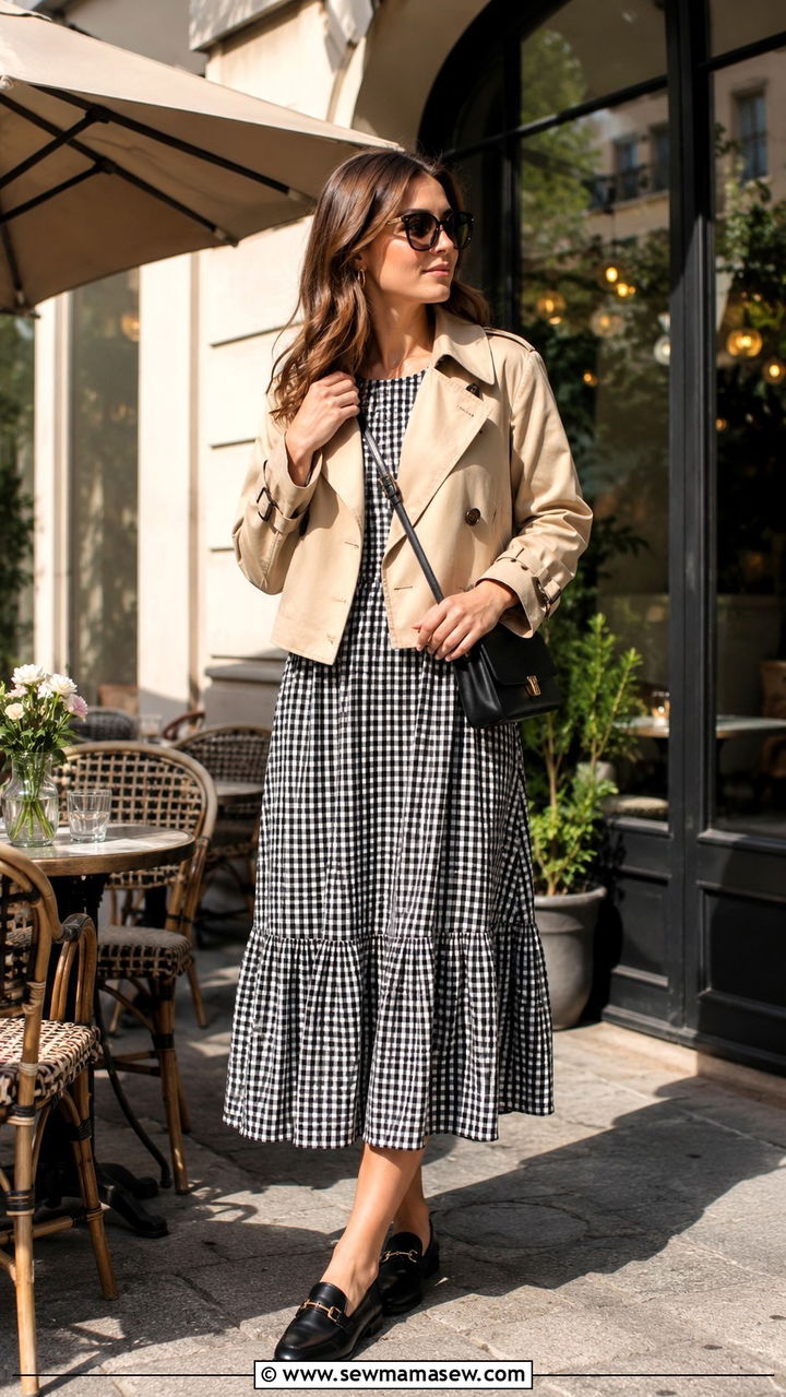 Gingham Midi Dress with Cropped Trench and Loafers - 30 Transitional dress outfit ideas