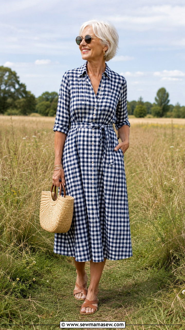 Gingham Midi Dress with Flat Sandals - 30 Picnic outfits for women over 60