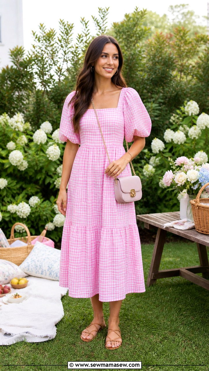 Gingham Midi Dress with Flat Sandals - 40 Spring garden party outfits