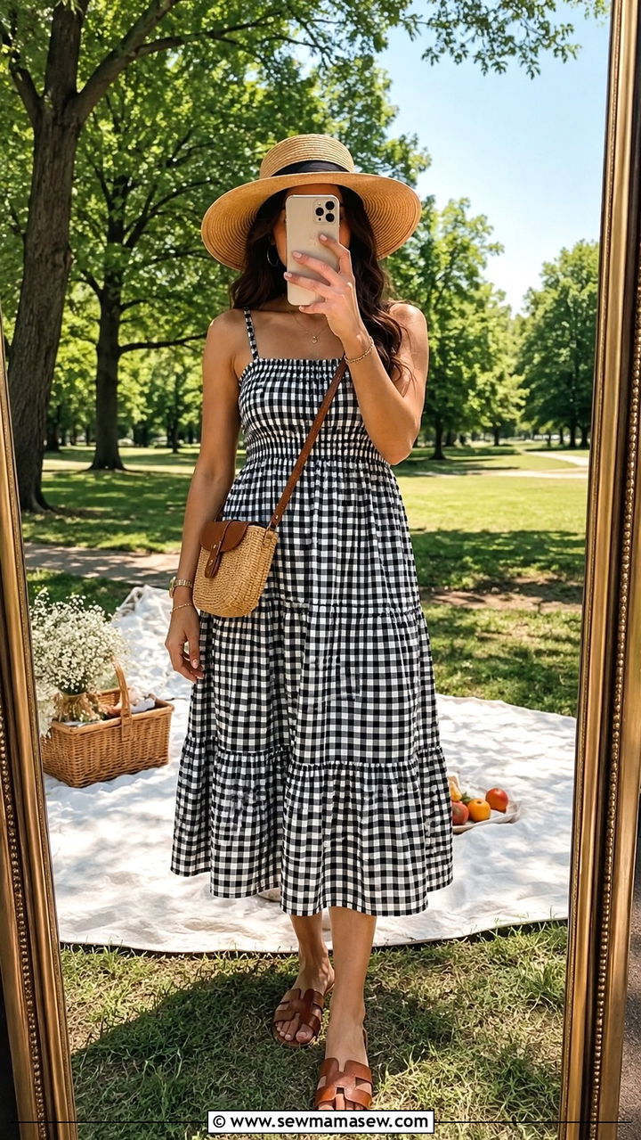 Gingham Midi Dress with Leather Sandals - 30 spring to summer outfits 2026