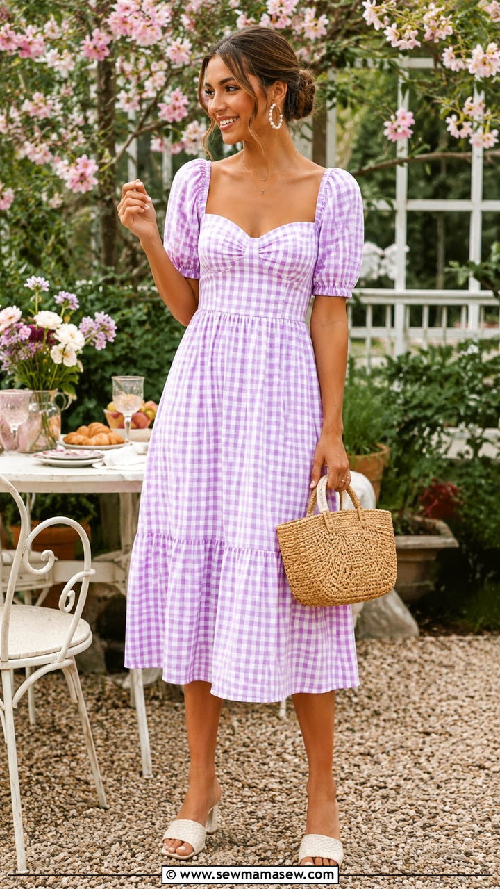 Gingham Midi Dress with Mule Heels - 30 Romantic spring outfit ideas