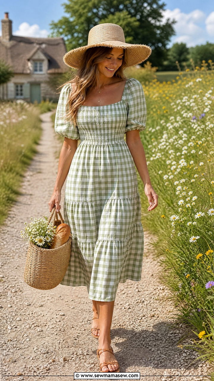 Gingham Midi Dress with Puff Sleeves and Straw Hat - 30 Summer cottage outfits
