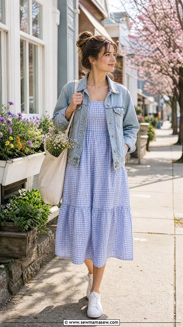 Gingham Midi Dress with White Sneakers and Denim Jacket - 30 Cottagecore spring outfits