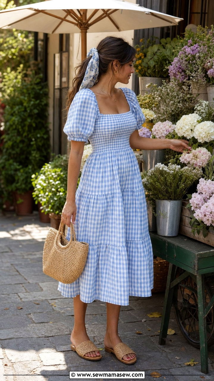 Gingham Midi Dress with Woven Handbag - 25 Early June outfit ideas