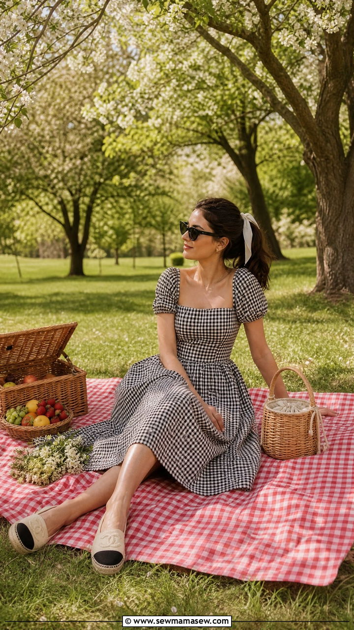 Gingham Midi Dress with a Woven Basket Bag Picnic Look - 40 Spring picnic outfits