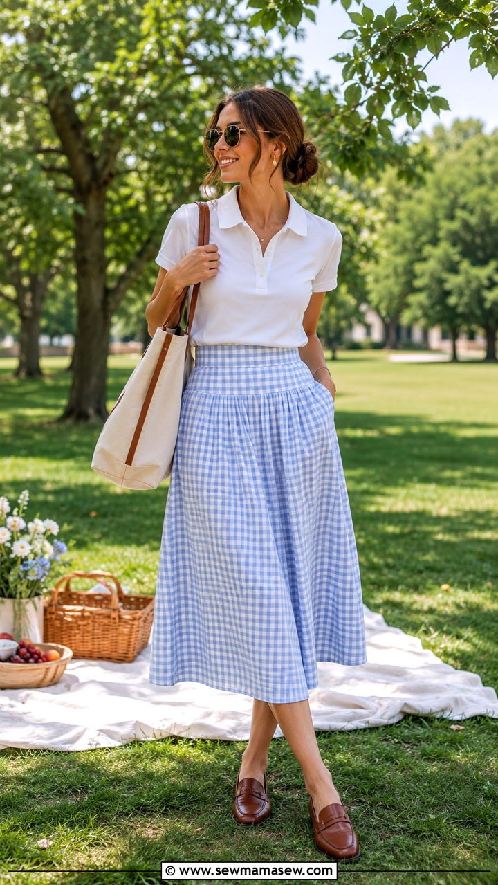 Gingham Midi Skirt and Polo Top Spring Outfit - 30 spring midi skirt outfit ideas