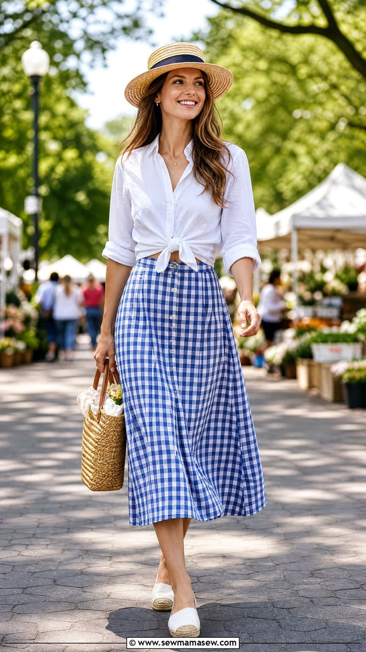 Gingham Midi Skirt with Button Up Shirt - 30 summer modest outfit ideas