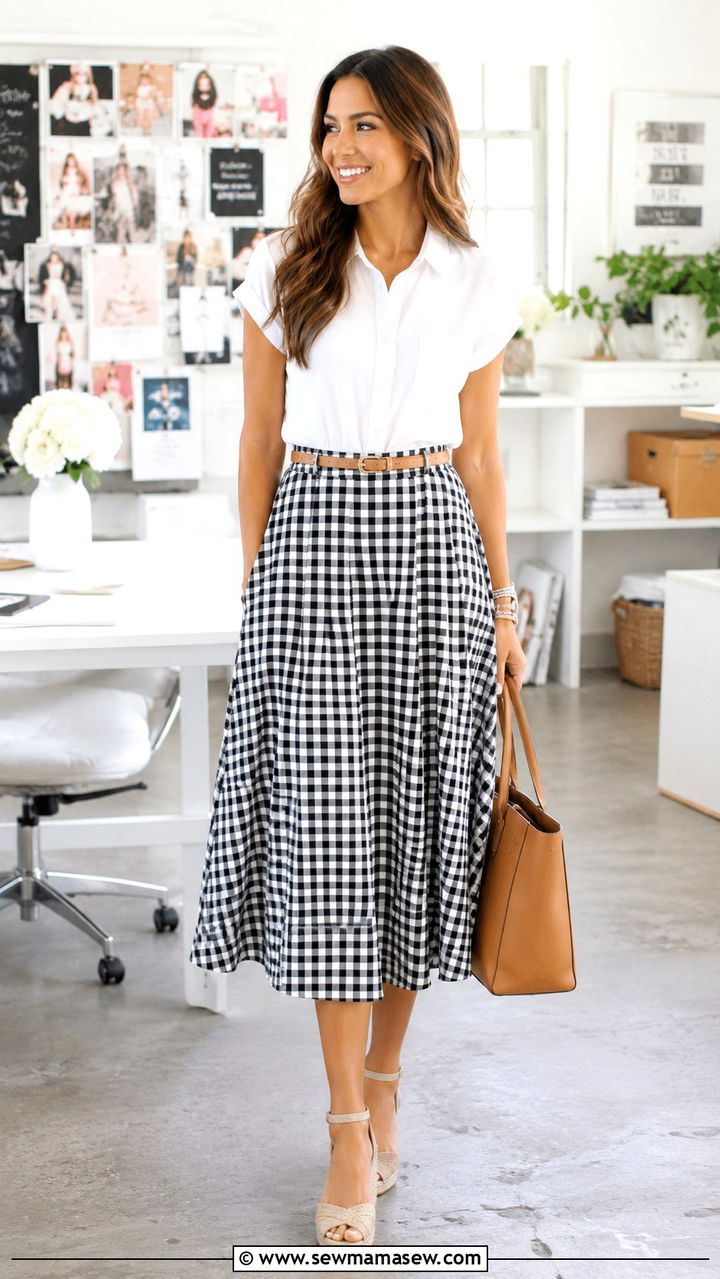 Gingham Midi Skirt with White Short Sleeve Blouse - 30 Midi skirt outfit ideas for work