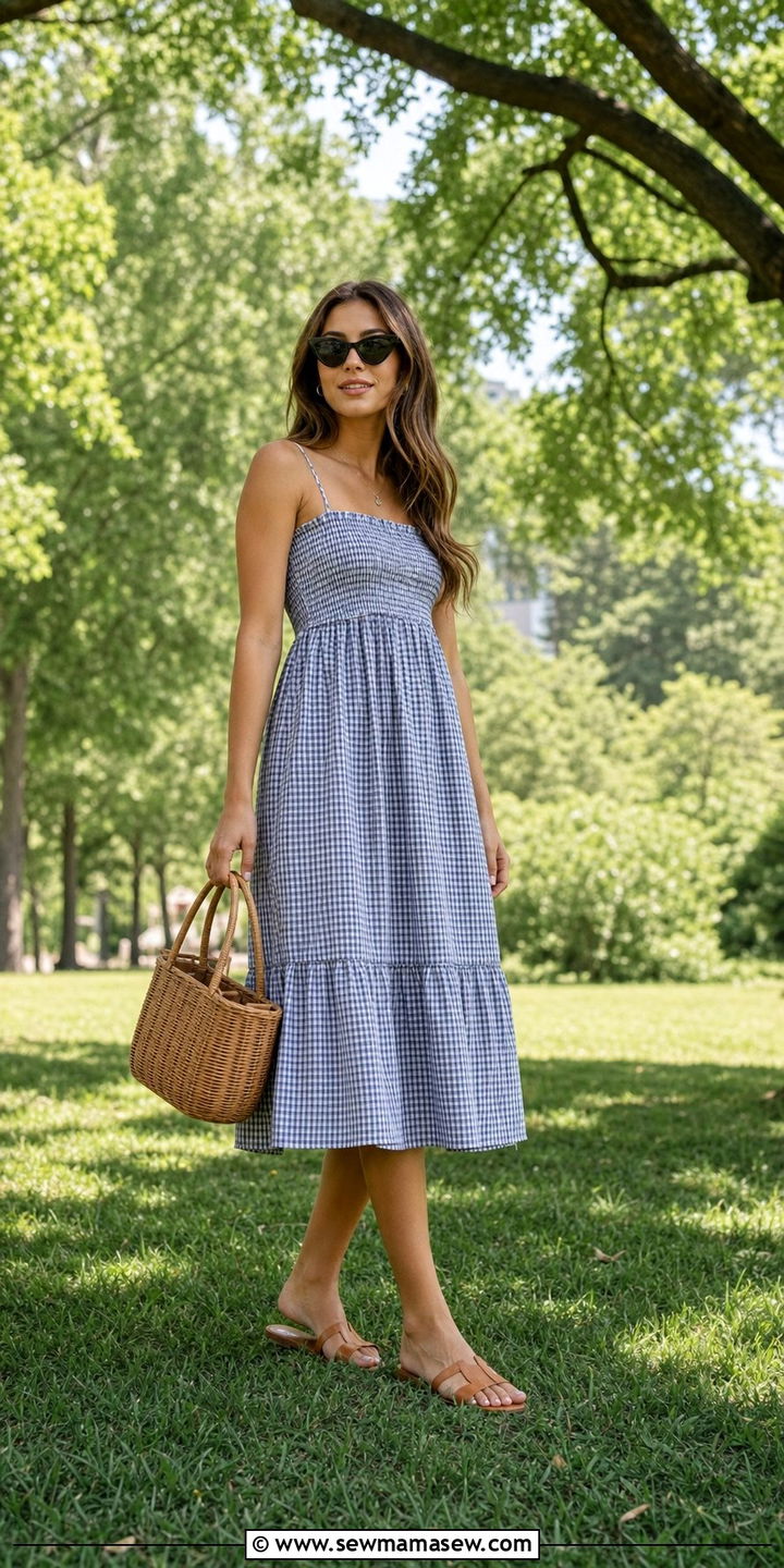 Gingham Midi Sundress with Flat Sandals Outfit - 25 Spring outfits for women in their 20s