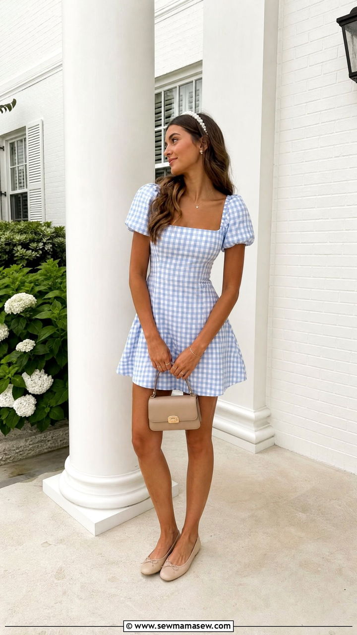 Gingham Mini Dress With Ballet Flats Outfit - 25 Rush week outfit ideas day 2