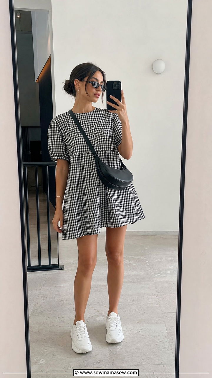 Gingham Mini Dress With Chunky Sneakers And Crossbody Bag - 30 Gingham dress outfit ideas
