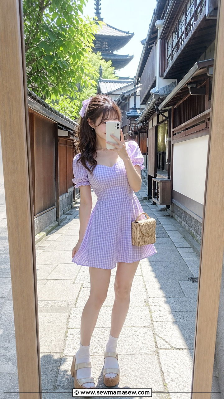 Gingham Mini Dress With White Ankle Socks Outfit - 40 Summer Japan outfit ideas