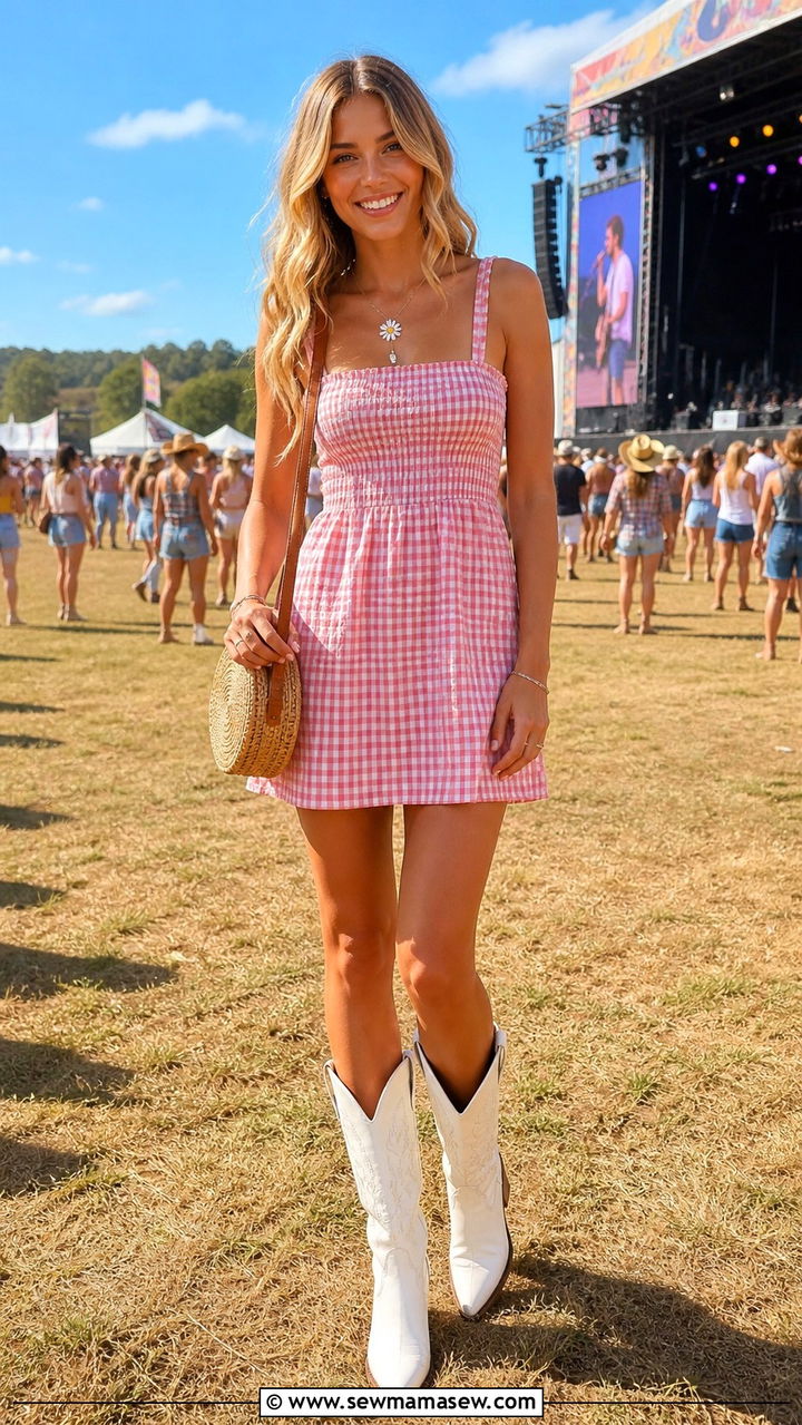 Gingham Mini Dress With White Cowboy Boots - 40 Spring concert outfits