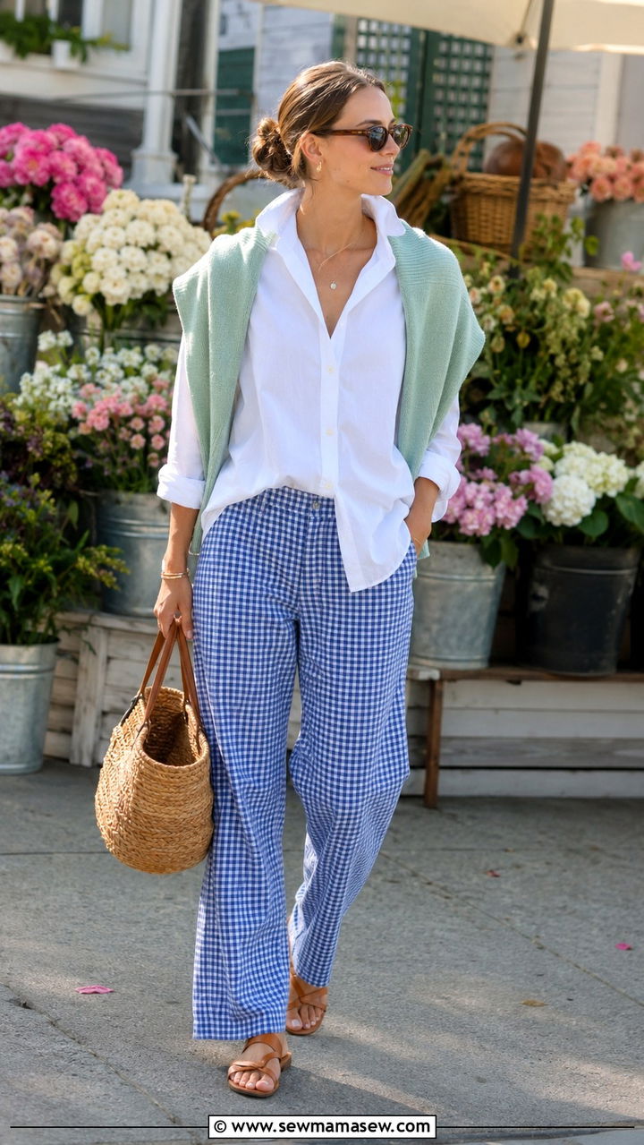 Gingham Pants With Oversized Button Down And Cardigan - 30 Old money outfit ideas for Nantucket