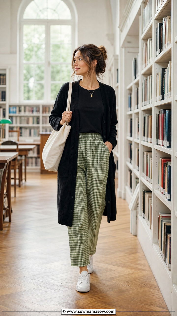 Gingham Pants and Black Cardigan - 25 librarian core outfits aesthetic