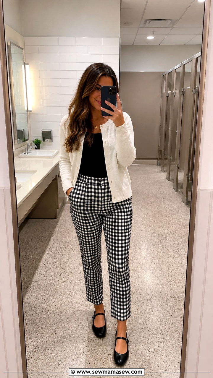 Gingham Pants and Mary Janes with White Cardigan - 30 cute teacher outfits