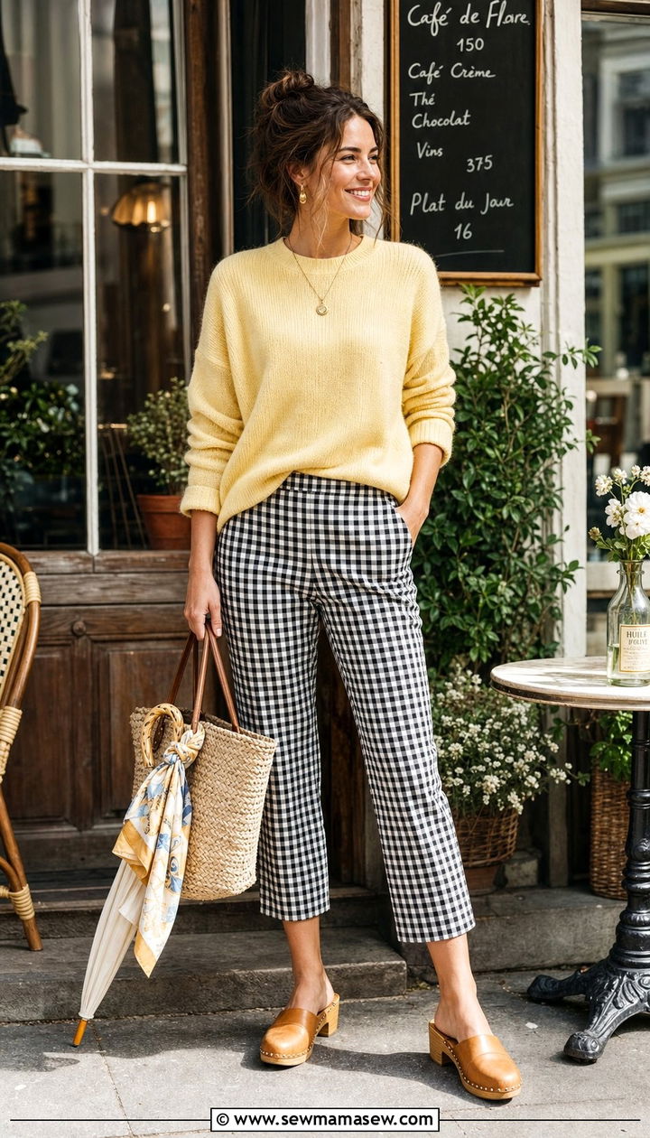 Gingham Pants with Soft Knit and Clogs - 25 Drizzle outfit ideas
