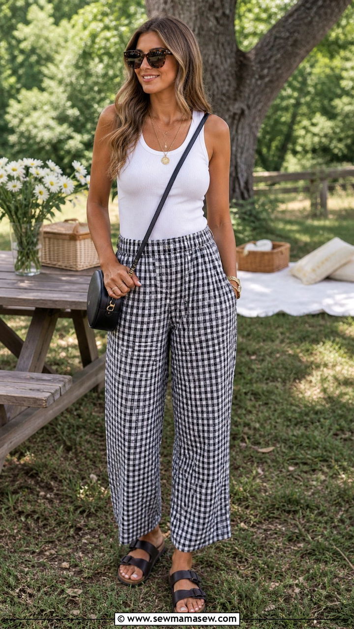 Gingham Pants with White Tank Top and Birkenstock Sandals - 40 Spring weekend outfit ideas