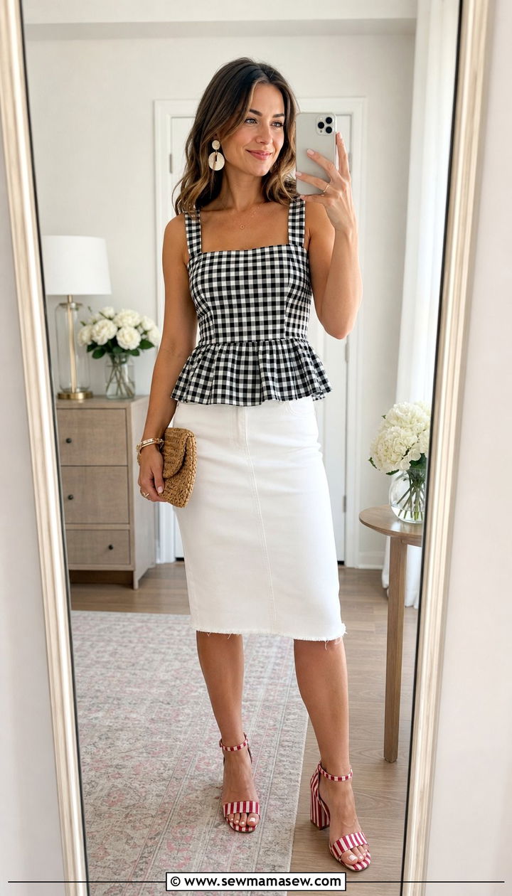 Gingham Peplum Top With A White Denim Pencil Skirt - 25 Spring outfits for women in their 30s